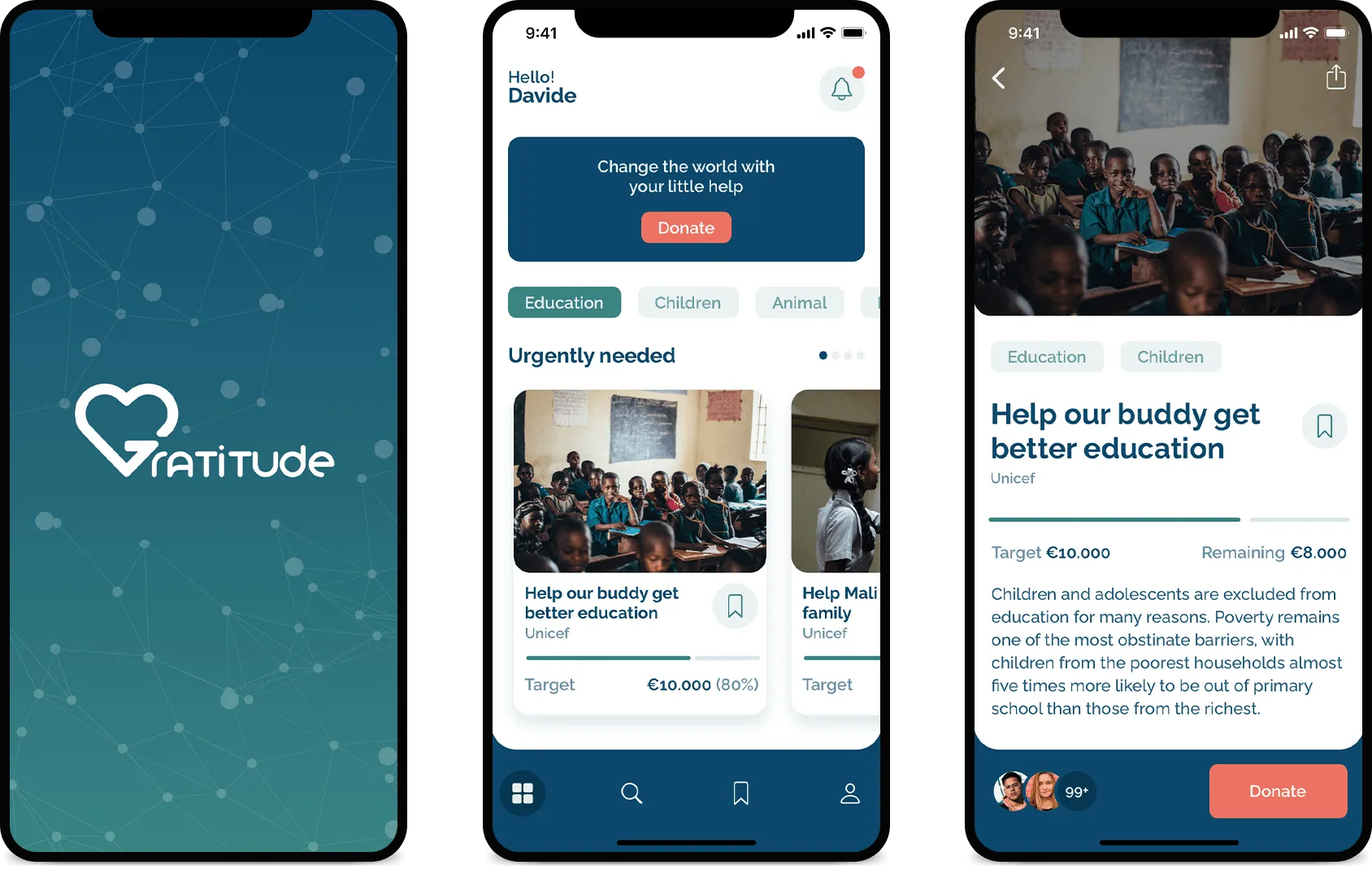 Splash screen dell'app Gratitude, home e dettaglio progetto