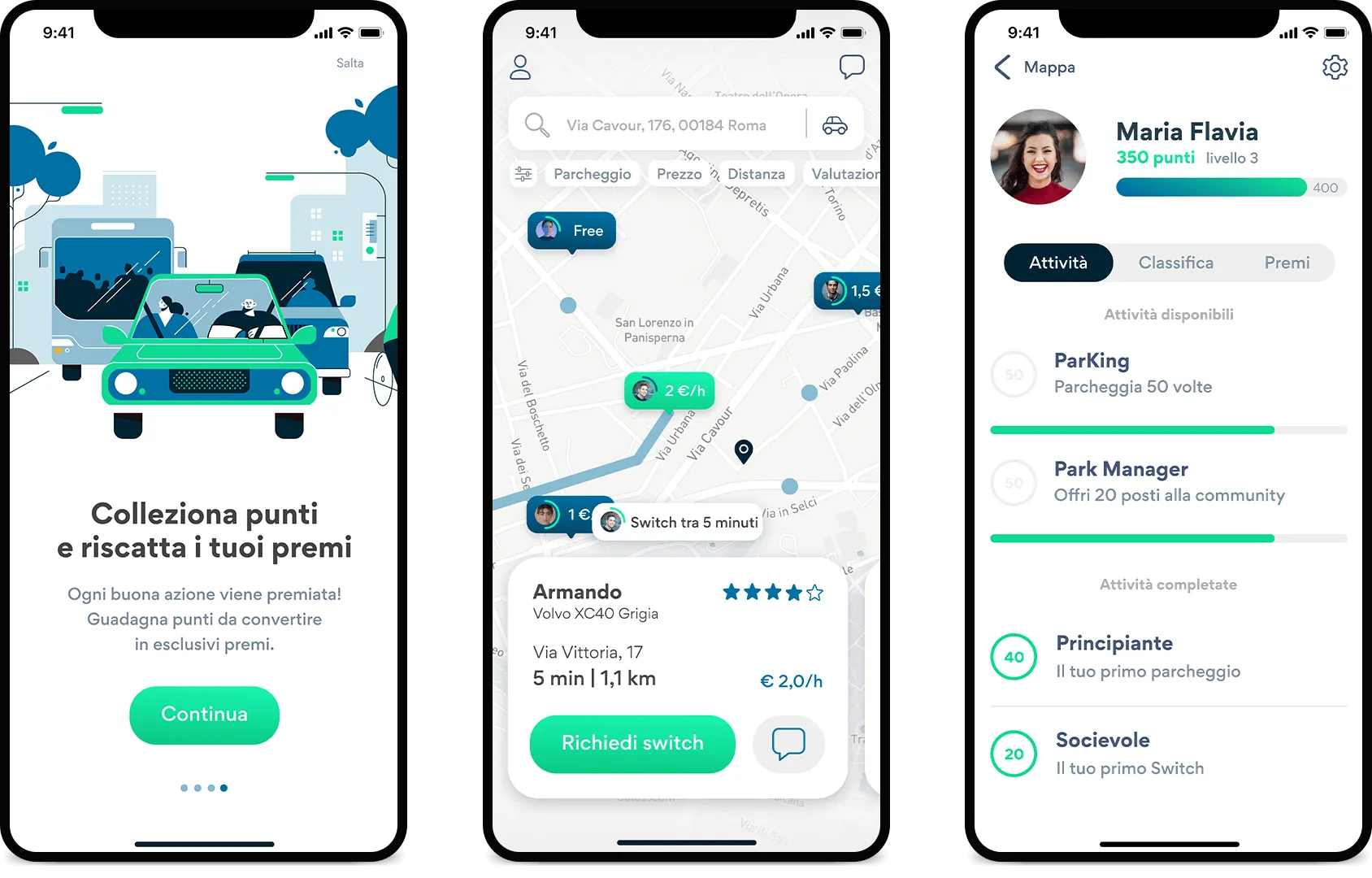 Tutorial dell'app Parkswitch, mappa dei parcheggi e profilo utente