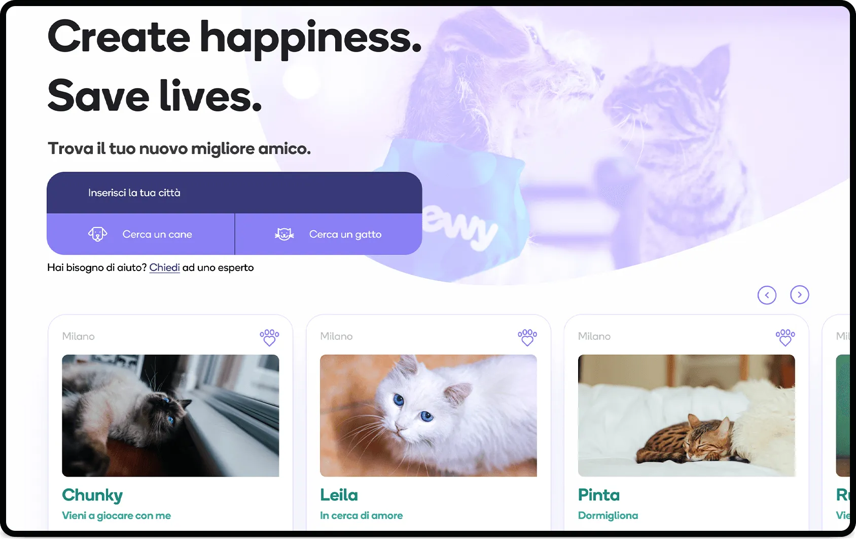 Homepage di Petsly con la ricerca degli animali