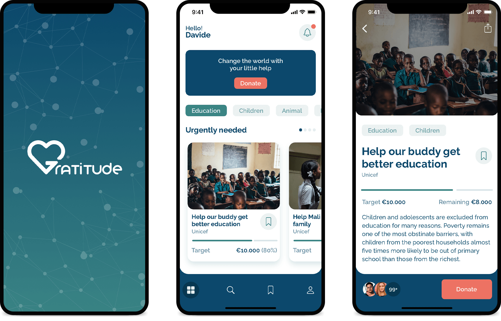 Gratitude app splash screen, home and project details