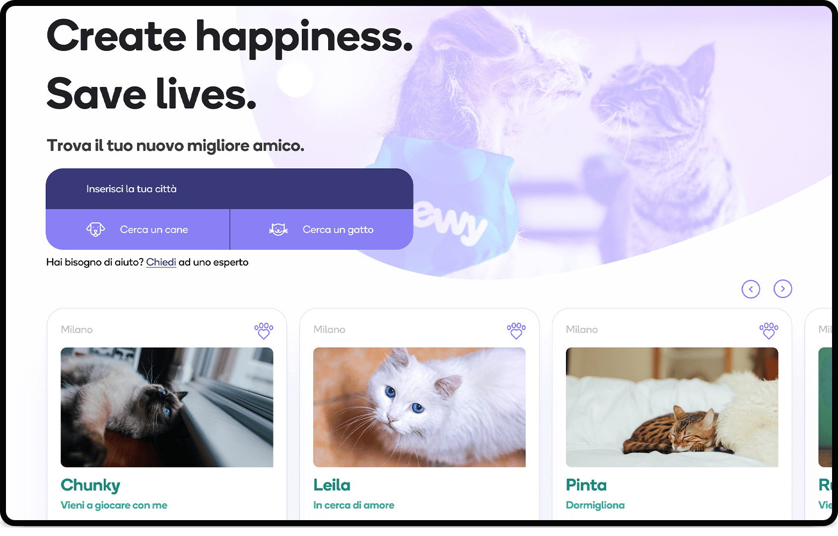 Petsly homepage with pet search